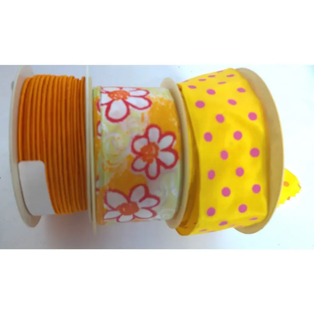 Vintage Orange Psychedelic Daisy Floral Polka Dot Cord Ribbon Rolls Set of 3